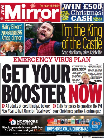 Daily Mirror Newspaper Front Page (UK) for 13 December 2021