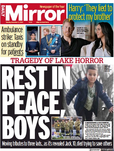 Daily Mirror Newspaper Front Page (UK) for 13 December 2022