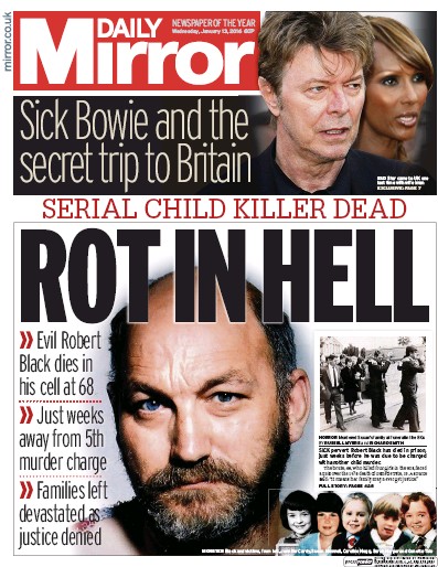 Daily Mirror Newspaper Front Page (UK) for 13 January 2016