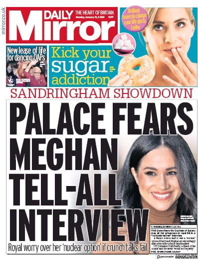 Daily Mirror Newspaper Front Page (UK) for 13 January 2020
