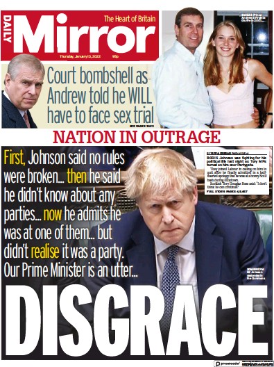 Daily Mirror Newspaper Front Page (UK) for 13 January 2022