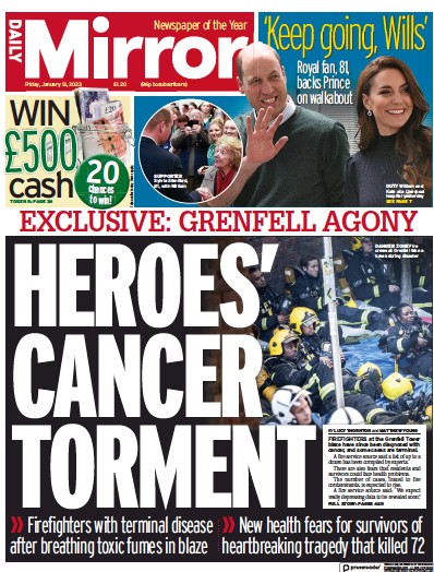 Daily Mirror Newspaper Front Page (UK) for 13 January 2023