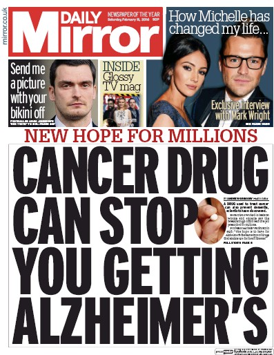 Daily Mirror Newspaper Front Page (UK) for 13 February 2016