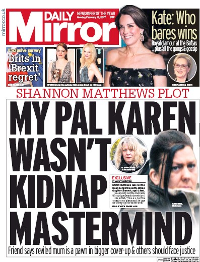 Daily Mirror Newspaper Front Page (UK) for 13 February 2017