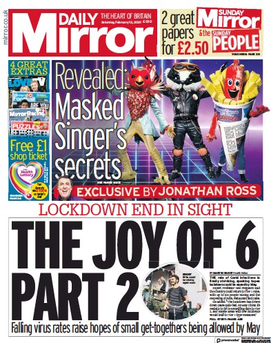Daily Mirror Newspaper Front Page (UK) for 13 February 2021