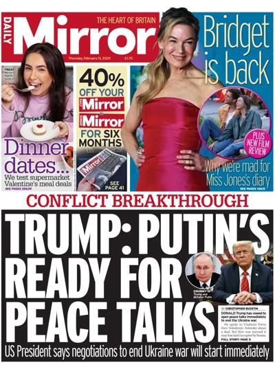 Daily Mirror Newspaper Front Page (UK) for 13 February 2025