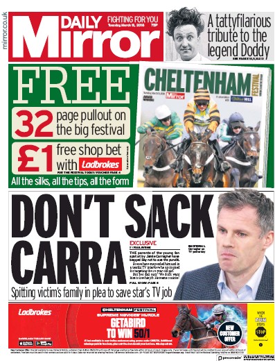 Daily Mirror Newspaper Front Page (UK) for 13 March 2018