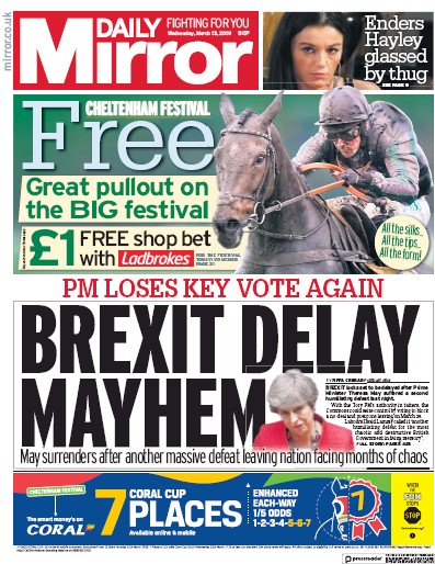 Daily Mirror Newspaper Front Page (UK) for 13 March 2019