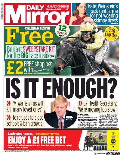Daily Mirror Newspaper Front Page (UK) for 13 March 2020