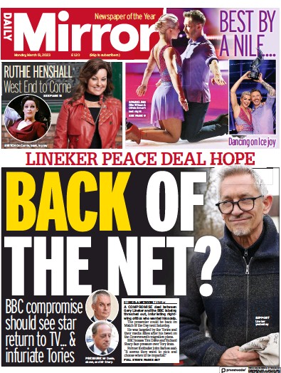 Daily Mirror Newspaper Front Page (UK) for 13 March 2023