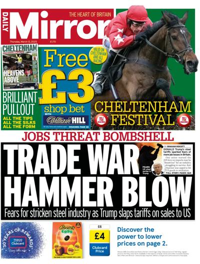 Daily Mirror Newspaper Front Page (UK) for 13 March 2025