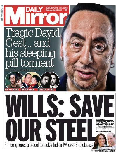 Daily Mirror Newspaper Front Page (UK) for 13 April 2016