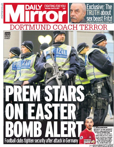 Daily Mirror Newspaper Front Page (UK) for 13 April 2017