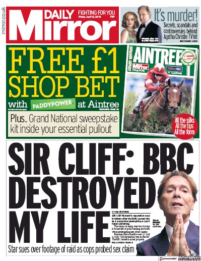 Daily Mirror Newspaper Front Page (UK) for 13 April 2018