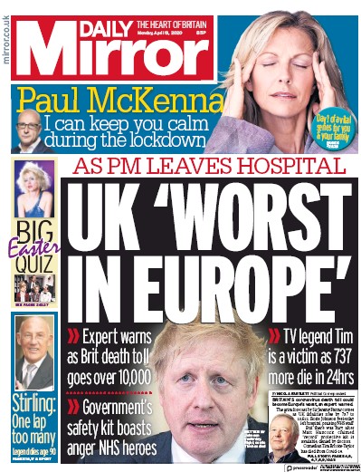 Daily Mirror Newspaper Front Page (UK) for 13 April 2020