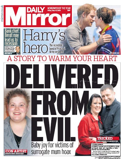 Daily Mirror Newspaper Front Page (UK) for 13 May 2016