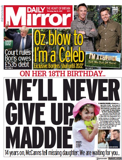 Daily Mirror Newspaper Front Page (UK) for 13 May 2021