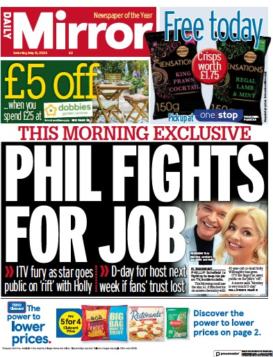 Daily Mirror Newspaper Front Page (UK) for 13 May 2023