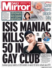 Daily Mirror (UK) Newspaper Front Page for 13 June 2016
