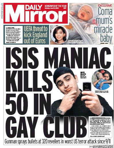 Daily Mirror Newspaper Front Page (UK) for 13 June 2016