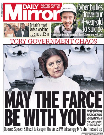 Daily Mirror Newspaper Front Page (UK) for 13 June 2017