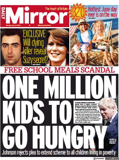 Daily Mirror Newspaper Front Page (UK) for 13 June 2022