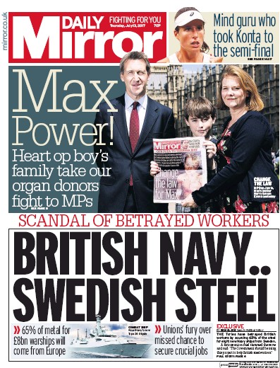 Daily Mirror Newspaper Front Page (UK) for 13 July 2017