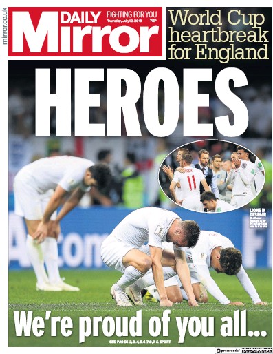 Daily Mirror Newspaper Front Page (UK) for 13 July 2018