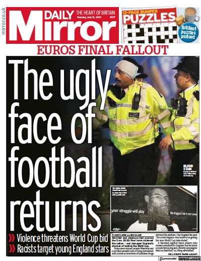 Daily Mirror Newspaper Front Page (UK) for 13 July 2021