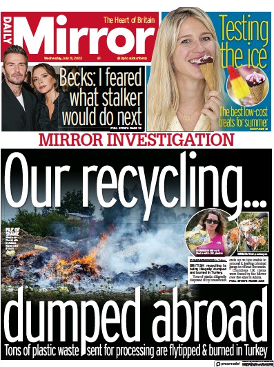 Daily Mirror Newspaper Front Page (UK) for 13 July 2022