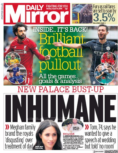 Daily Mirror Newspaper Front Page (UK) for 13 August 2018