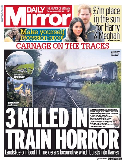 Daily Mirror Newspaper Front Page (UK) for 13 August 2020