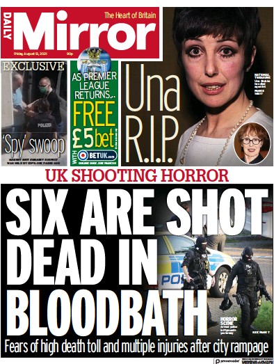 Daily Mirror Newspaper Front Page (UK) for 13 August 2021
