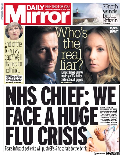 Daily Mirror Newspaper Front Page (UK) for 13 September 2017