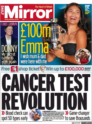 Daily Mirror Newspaper Front Page (UK) for 13 September 2021