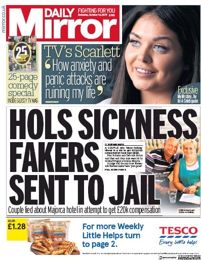Daily Mirror Newspaper Front Page (UK) for 14 October 2017