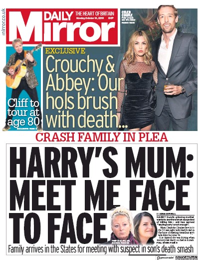 Daily Mirror Newspaper Front Page (UK) for 14 October 2019