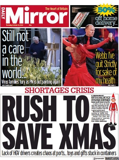 Daily Mirror Newspaper Front Page (UK) for 14 October 2021