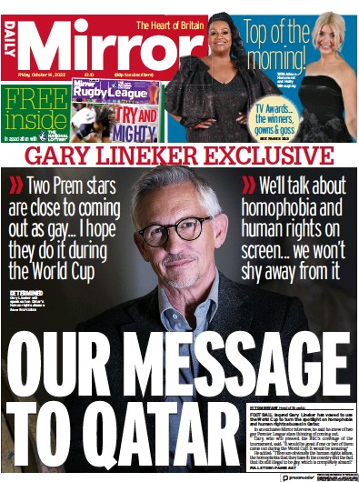 Daily Mirror Newspaper Front Page (UK) for 14 October 2022