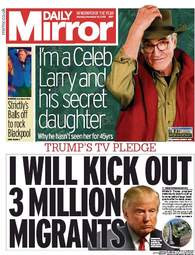 Daily Mirror Newspaper Front Page (UK) for 14 November 2016
