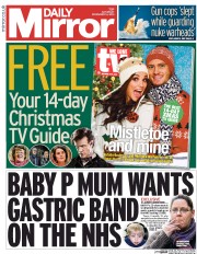 Daily Mirror Newspaper Front Page (UK) for 14 December 2013