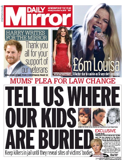 Daily Mirror Newspaper Front Page (UK) for 14 December 2015