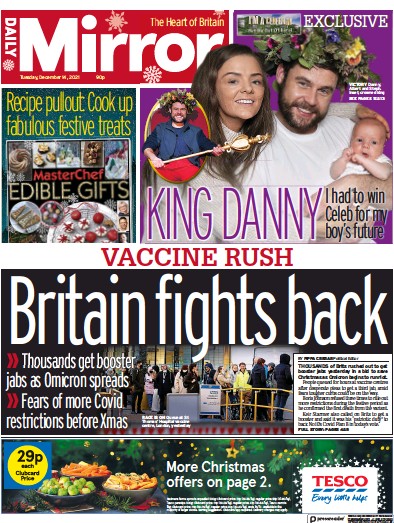 Daily Mirror Newspaper Front Page (UK) for 14 December 2021