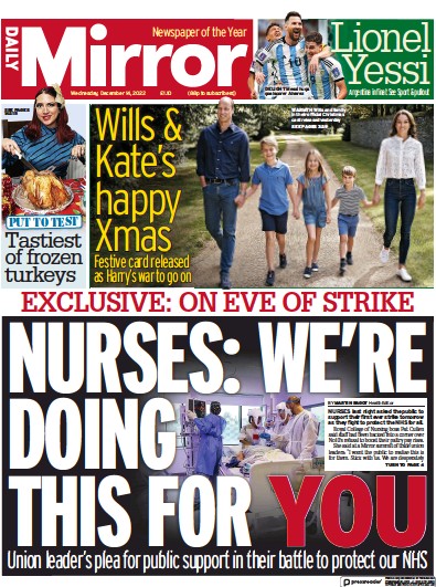 Daily Mirror Newspaper Front Page (UK) for 14 December 2022