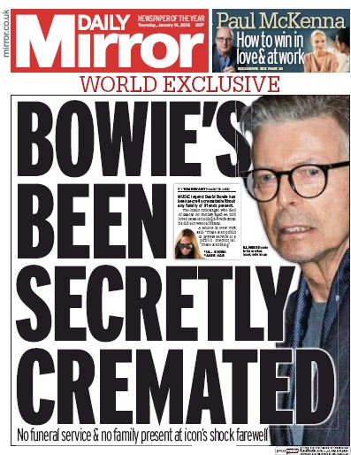 Daily Mirror Newspaper Front Page (UK) for 14 January 2016