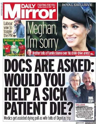 Daily Mirror Newspaper Front Page (UK) for 14 January 2019