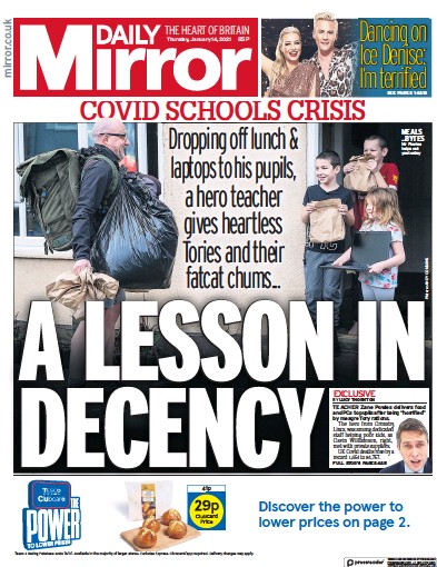 Daily Mirror Newspaper Front Page (UK) for 14 January 2021