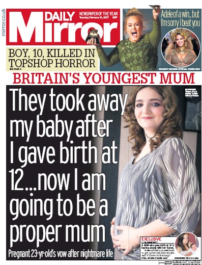 Daily Mirror Newspaper Front Page (UK) for 14 February 2017