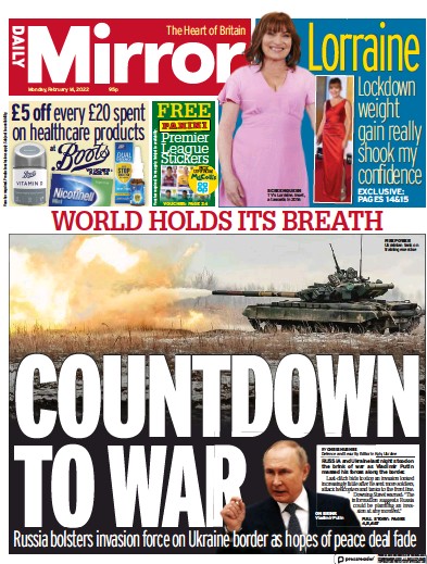 Daily Mirror Newspaper Front Page (UK) for 14 February 2022