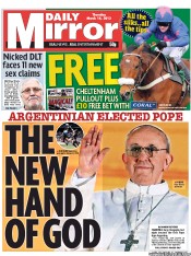 Daily Mirror Newspaper Front Page (UK) for 14 March 2013
